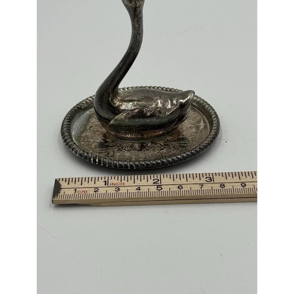Vintage Silver Plate Ornate Swan Ring Holder Beaded Saucer Hong Kong 3.75